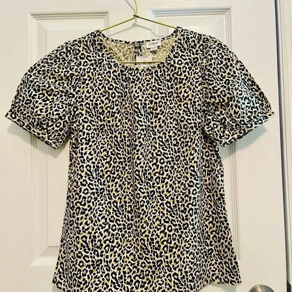 NWT J. Crew Leopard Print Puff Sleeve Top - Beige, Black